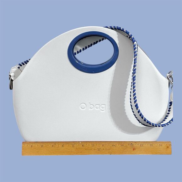 O bag Classic White Shell Blue Handles Liner Whipstitch Strap Modular Italy - Picture 14 of 16